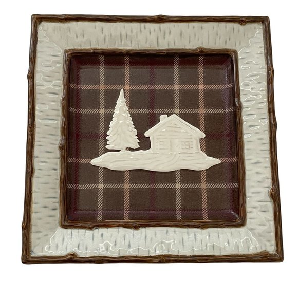Homestudio Lake Cabin Dinner Plate Square Plaid Rustic Embossed Stoneware 11" - Picture 1 of 13